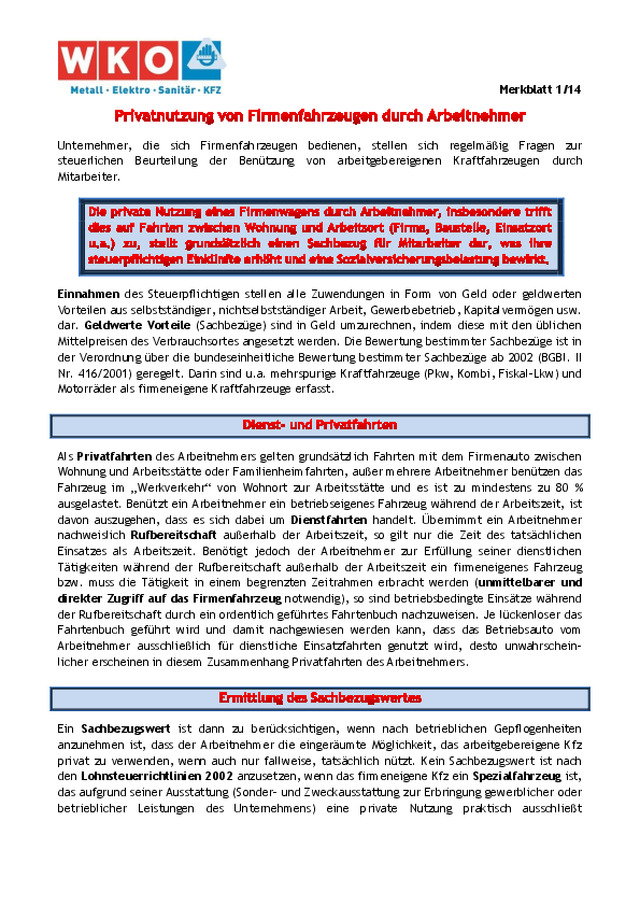 Merkblatt: Privatnutzung von Firmenfahrzeugen durch Arbeitnehmer