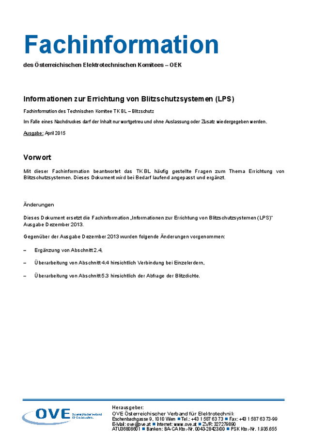 Informationen zur Errichtung von Blitzschutzsystemen (LPS)