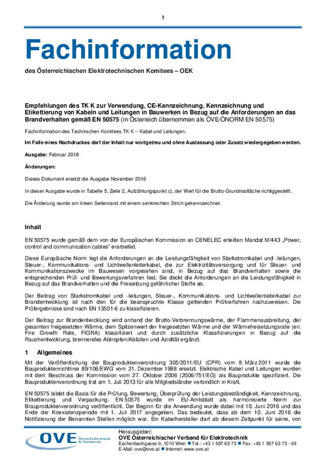 Empfehlungen des TK K zur Verwendung, CE-Kennzeichnung, Kennzeichnung und Etikettierung von Kabeln und Leitungen in Bauwerken in Bezug auf die Anforderungen an das Brandverhalten gemäß EN 50575