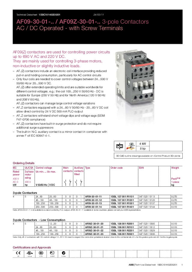 ABB 3 Pole Contactors: Technical Datasheet
