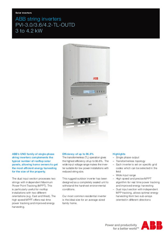 ABB PVI-3.0/3.6/4.2-TL-OUTD 3 to 4.2 kW