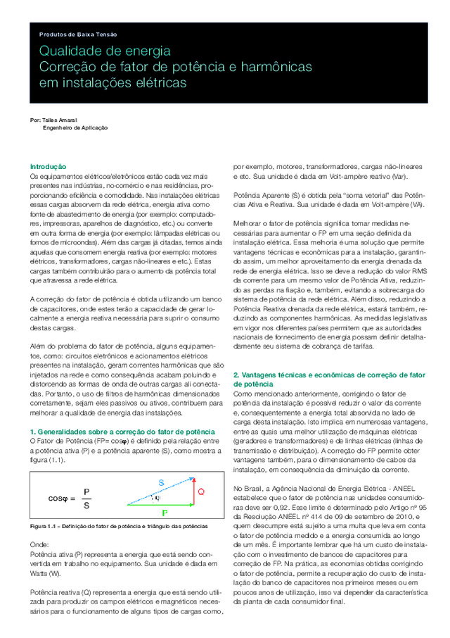Correção de fator de potência e harmônicas em instalações elétricas