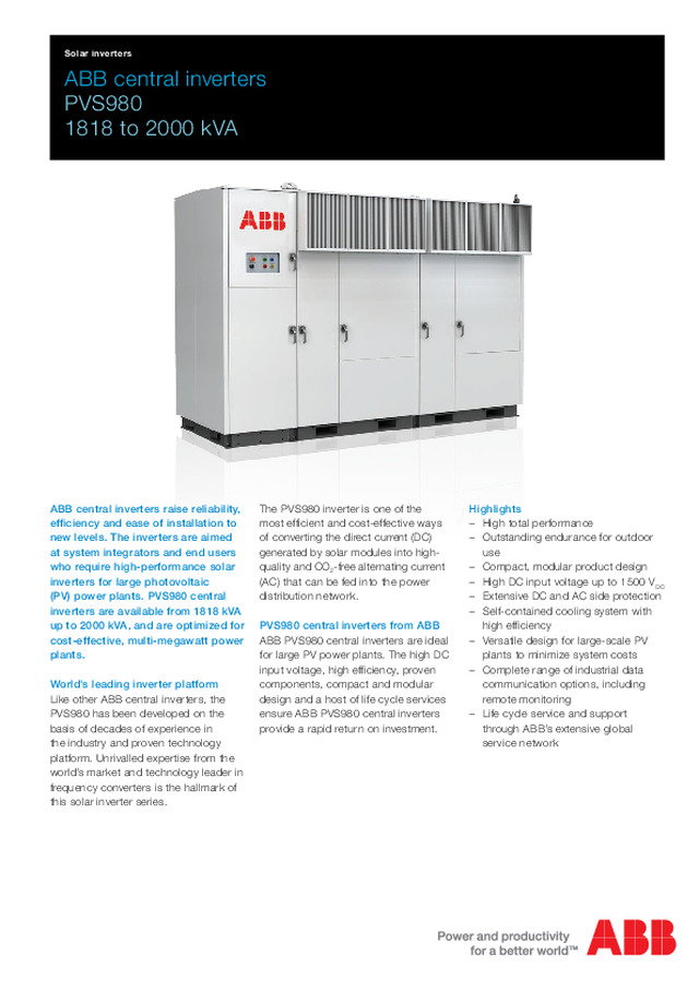 Ficha técnica dos inversores PVS980 1818 a 2000 kVA da ABB