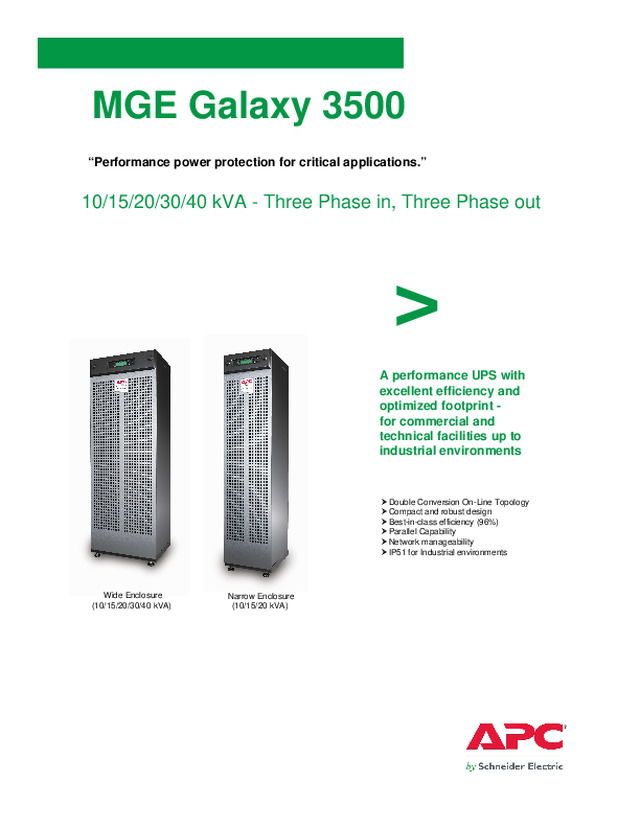 Brochure - MGE Galaxy 3500 - 10/15/20/30/40 kVA - Three Phase in, Three Phase out