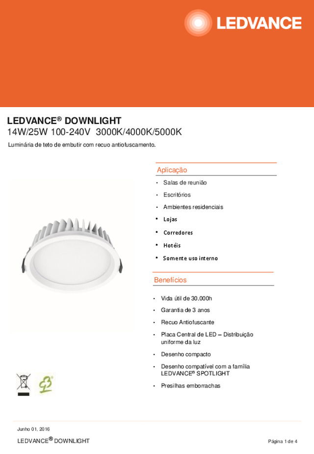 LEDVANCE®DOWNLIGHT 14W/25W 100-240V 3000K/4000K/5000K