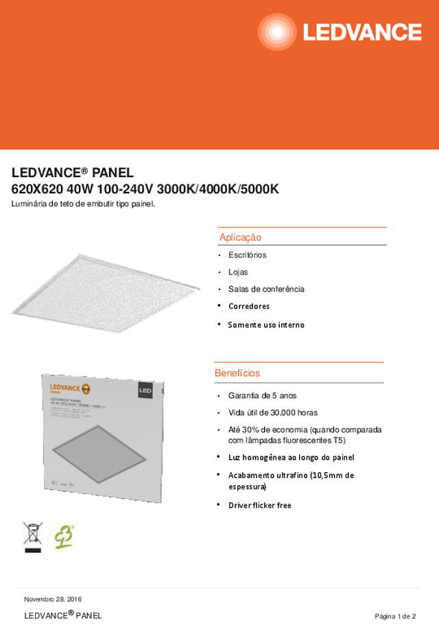 LEDVANCE®PANEL 620X620 40W 100-240V 3000K/4000K/5000K