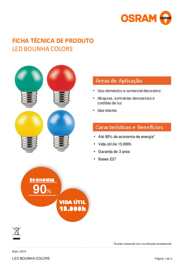 Ficha técnica | LED BOLINHA COLORS da LEDVANCE