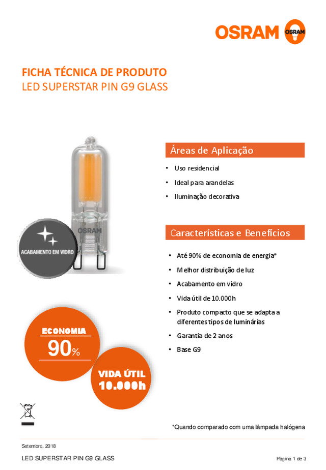 Ficha técnica | LED SUPERSTAR PIN G9 GLASS da LEDVANCE
