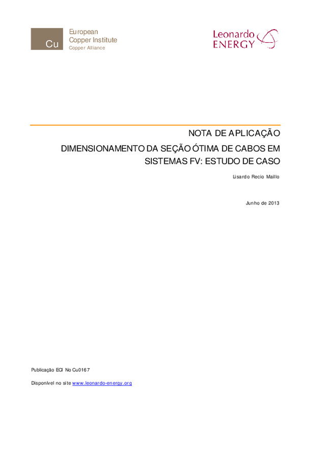 Nota de aplicação para o dimensionamento da seção ótima de cabos em sistemas fotovoltaicos: Estudo de caso