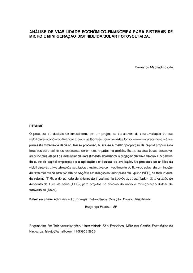 Análise de viabilidade econômica-financeira para sistemas de micro e mini geração distribuída solar fotovoltaica