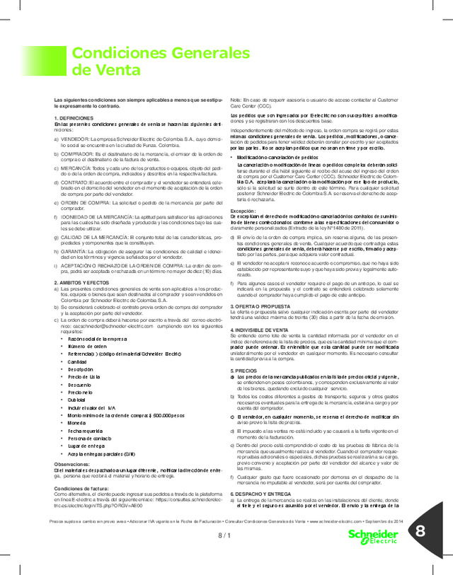Condiciones generales de venta de Schneider Electric