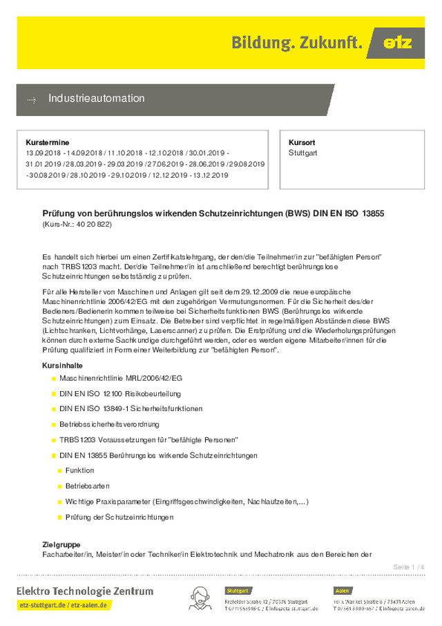 Prüfung von berührungslos wirkenden Schutzeinrichtungen (BWS) DIN EN ISO 13855