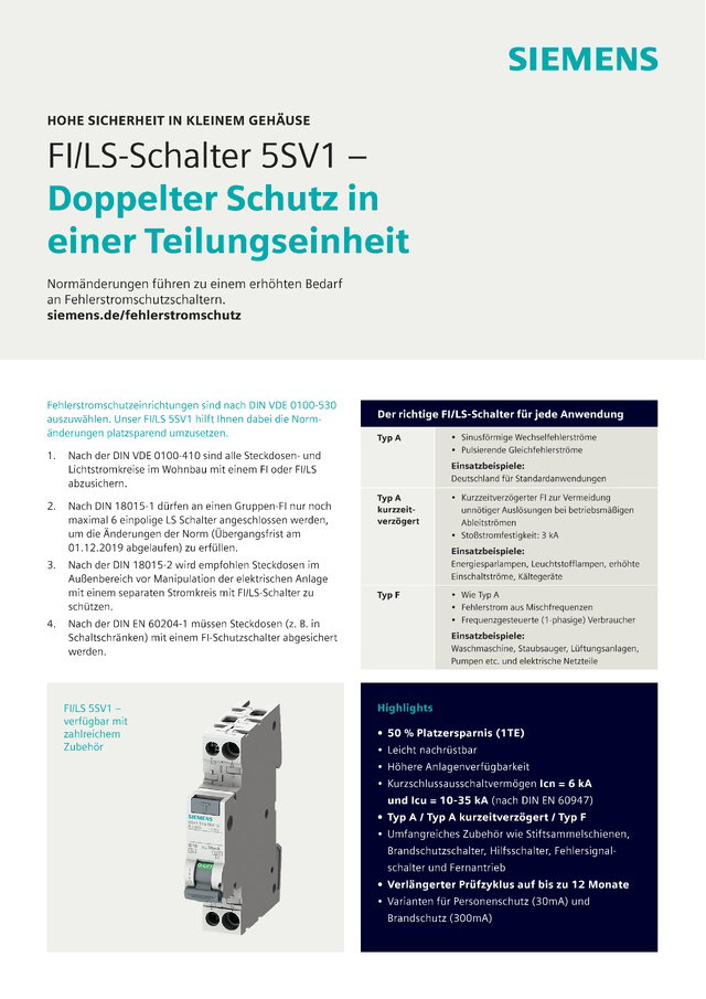 FI/LS-Schalter 5SV1 – Doppelter Schutz in einer Teilungseinheit