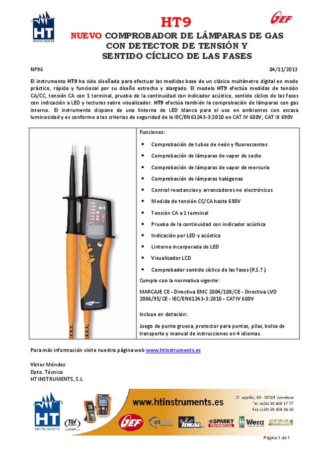 Nuevo comprobador de lámparas de gas con detector de tensión y sentido cíclico de las fases