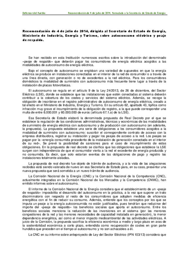 Resolución del Defensor del Pueblo de España contra el proyecto regulador del Autoconsumo Energético