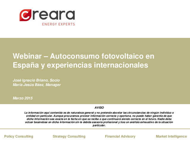 Presentación Autoconsumo Fotovoltaico en España y experiencias internacionales