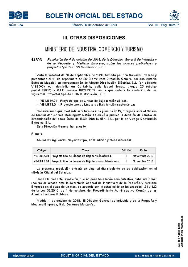 Se anulan proyectos tipo de líneas de baja tensión  de la empresa E.ON Distribución, S.L..