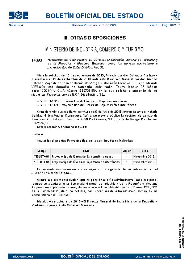 Se anulan proyectos tipo de líneas de baja tensión  de la empresa E.ON Distribución, S.L..