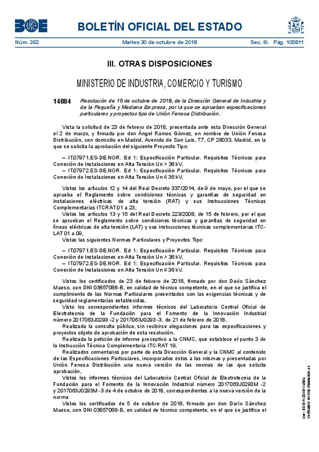 Se aprueban especificaciones particulares y proyectos tipo de la empresa Unión Fenosa Distribución