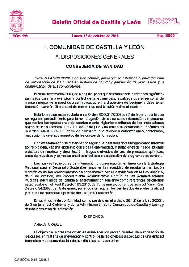 Se establece, en Castilla y León, el procedimiento de autorización de los cursos en materia de control y prevención de legionelosis y la comunicación de sus convocatorias.