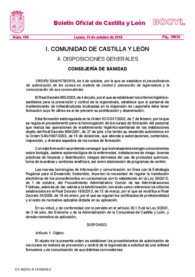 Se establece, en Castilla y León, el procedimiento de autorización de los cursos en materia de control y prevención de legionelosis y la comunicación de sus convocatorias.