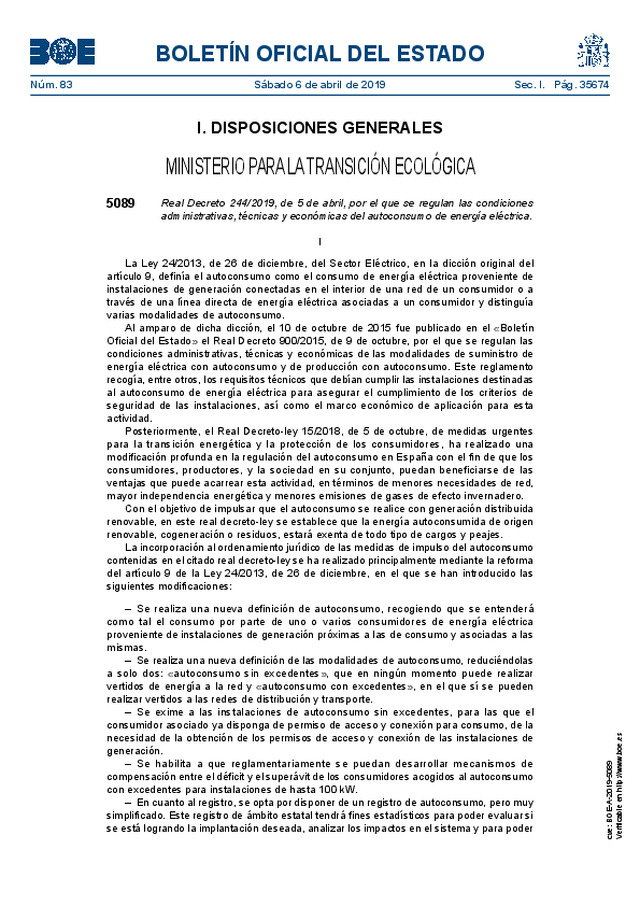 Real Decreto 244/2019, de 5 de abril, por el que se regulan las condiciones administrativas, técnicas y económicas del autoconsumo de energía eléctrica.