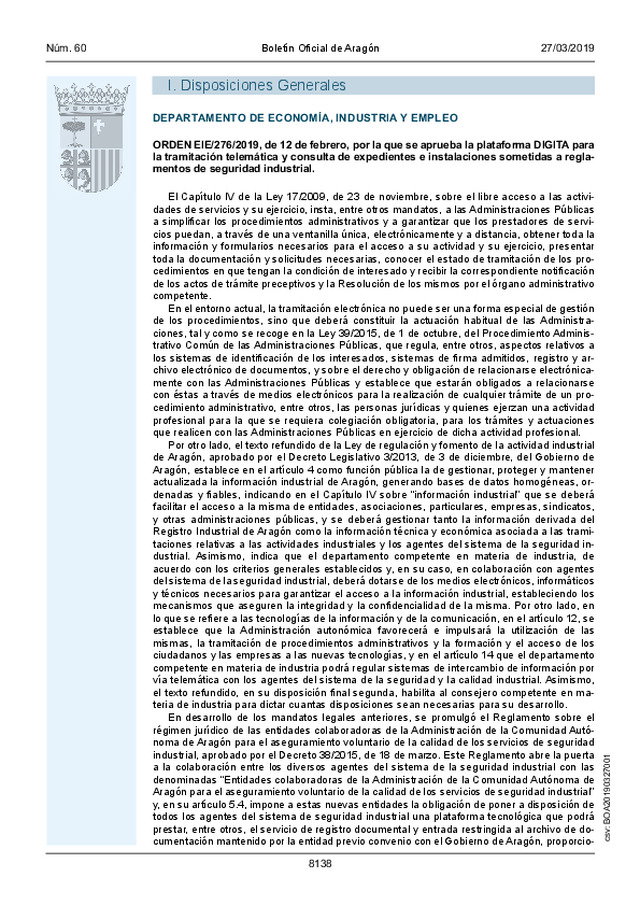 Se publica en Aragón, la Orden mediante la cual se aprueba de la plataforma DIGITA (Digitalización de Instalaciones y Trámites de seguridad industrial de Aragón).