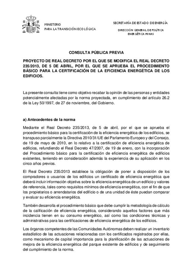 Se hace público el Proyecto de Real Decreto por el que se modifica el Real Decreto 235/2013, por el que se aprueba el Procedimiento Básico para la Certificación de Eficiencia Energética de Edificios