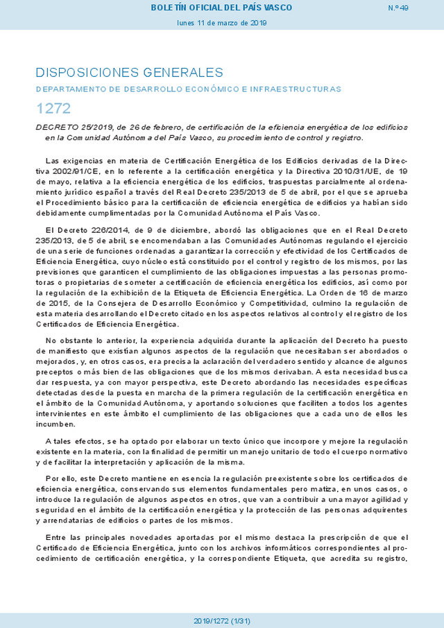 Se publica en el País Vasco un nuevo Decreto de certificación de eficiencia energética de edificios.