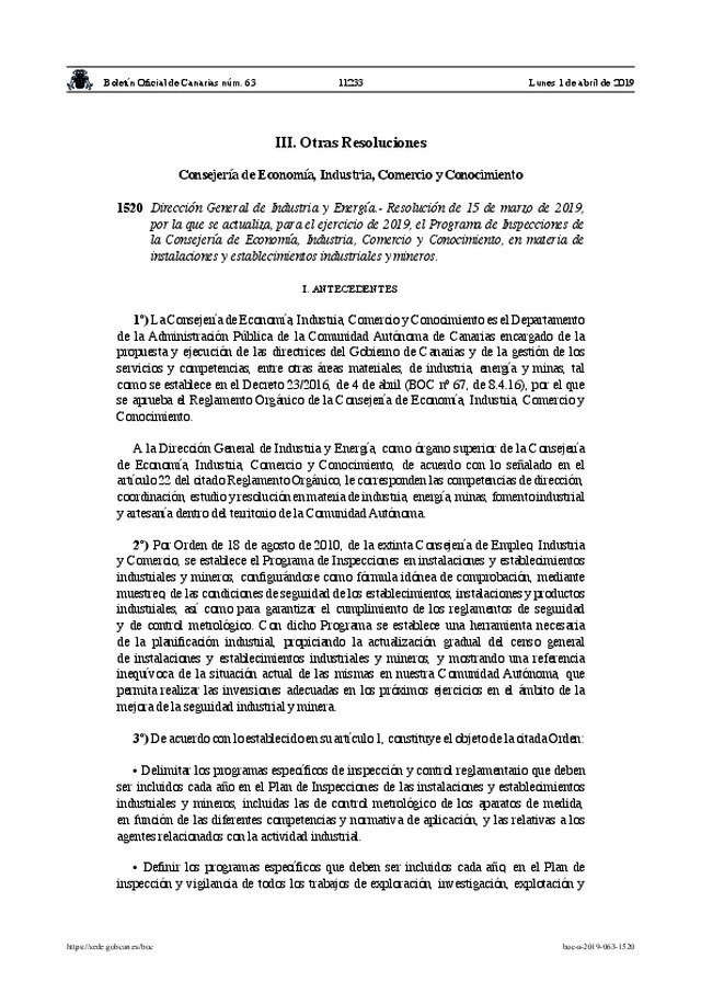 Se actualiza, en Canarias, para el ejercicio de 2019, el Programa de Inspecciones en materia de instalaciones y establecimientos industriales y mineros.