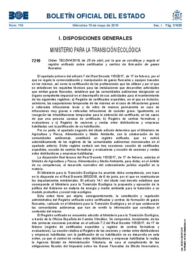 Se constituye y regula el registro unificado sobre certificados y centros de formación de gases fluorados.
