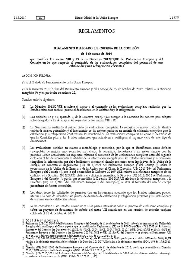 La Unión Europea publica el Reglamento Delegado UE 2019/826 que modifica los anexos VIII y IX de la Directiva 2012/27/UE