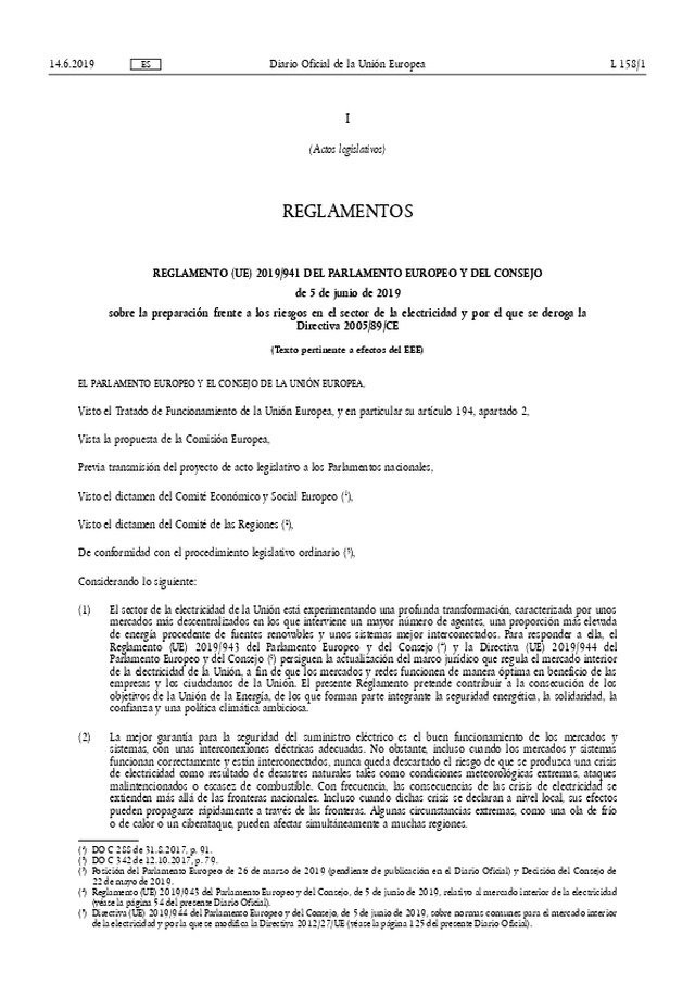 La Unión Europea publica el Reglamento UE 2019/941 sobre la preparación frente a los riesgos en el sector de la electricidad y que deroga la Directiva 2005/89/CE.