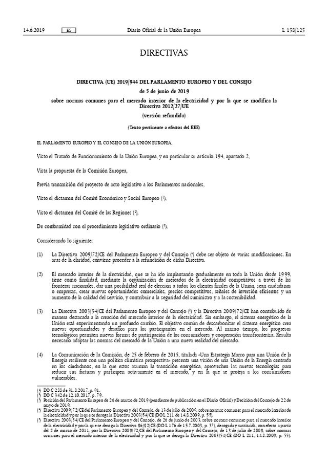 Se publica la Directiva sobre normas comunes para el mercado interior de la electricidad.