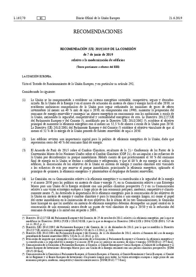 Se publica la  Recomendación UE 2019/1019 relativa a la modernización de edificios.