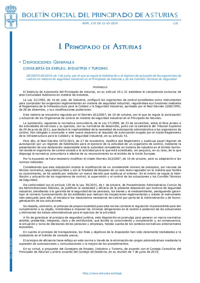 Regulación en Asturias de los organismos de control en materia de seguridad industrial y de los Comités Técnicos de Seguridad.