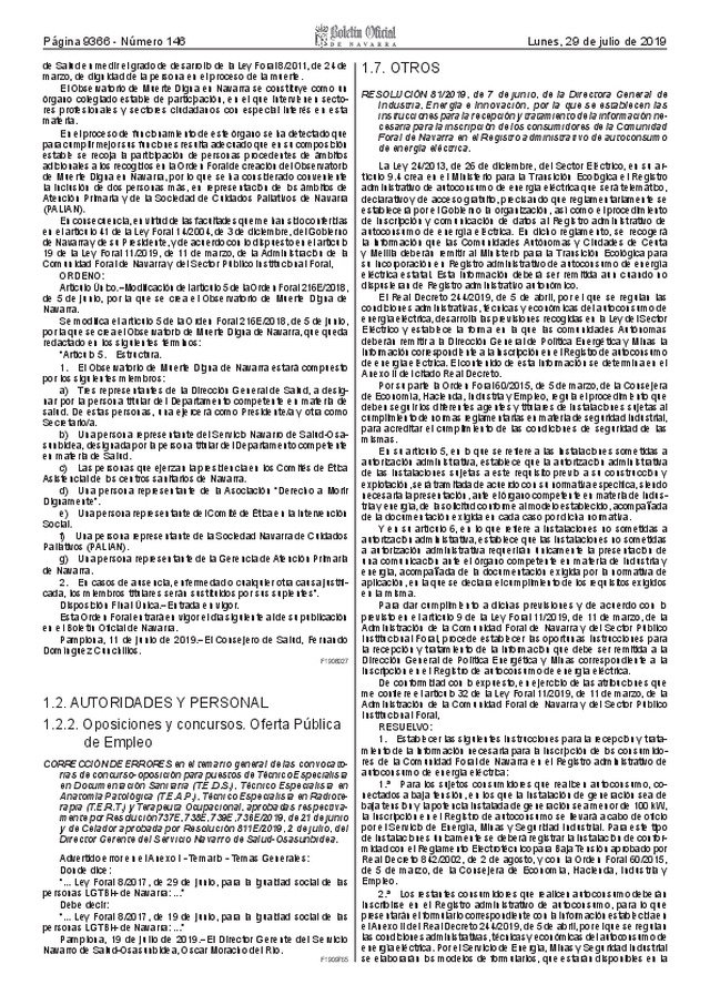 Navarra regula la inscripción en el Registro de autoconsumo de energía eléctrica.