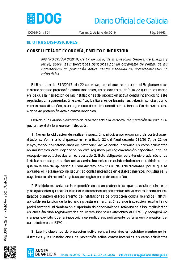 Nueva instrucción para la inspección de las instalaciones de protección activa contra incendios en Galicia.