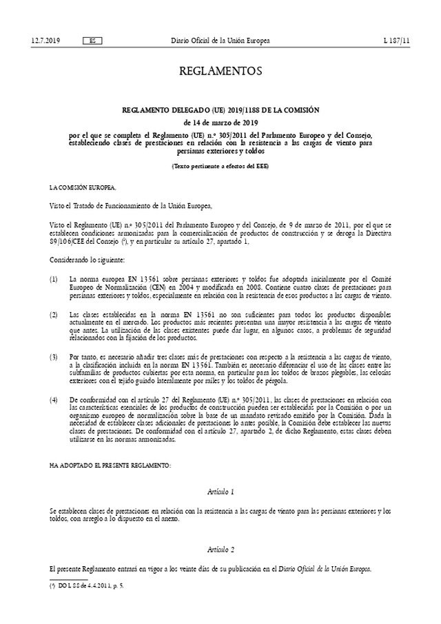 Se establecen clases de prestaciones en relación con la resistencia a las cargas de viento para persianas exteriores y toldos.