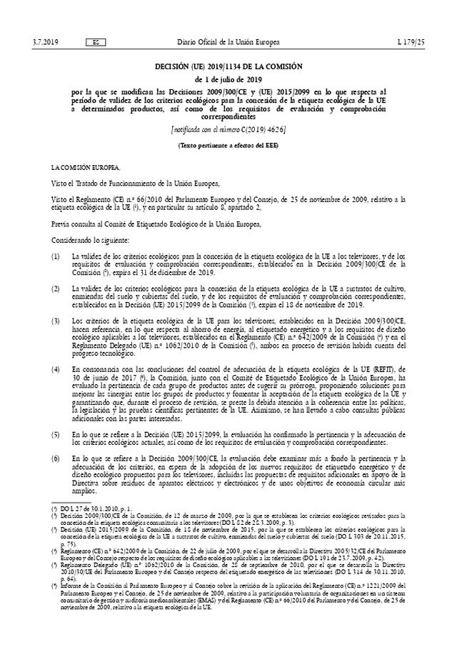 Se modifican los criterios para la concesión de la etiqueta ecológica comunitaria a los televisores.