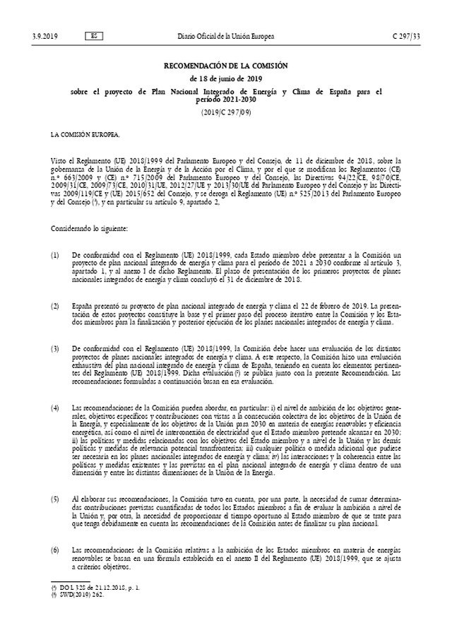 RECOMENDACIÓN DE LA COMISIÓN de 18 de junio de 2019 sobre el proyecto de Plan Nacional Integrado de Energía y Clima de España para el período 2021-2030