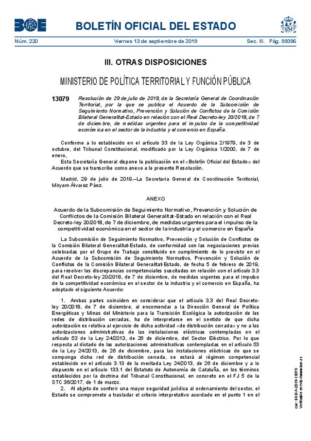 Resolución de 29 de julio de 2019, de la Secretaría General de Coordinación Territorial, por la que se publica el Acuerdo de la Subcomisión de Seguimiento Normativo, Prevención y Solución de Conflictos de la Comisión Bilateral Generalitat-Estado en relaci