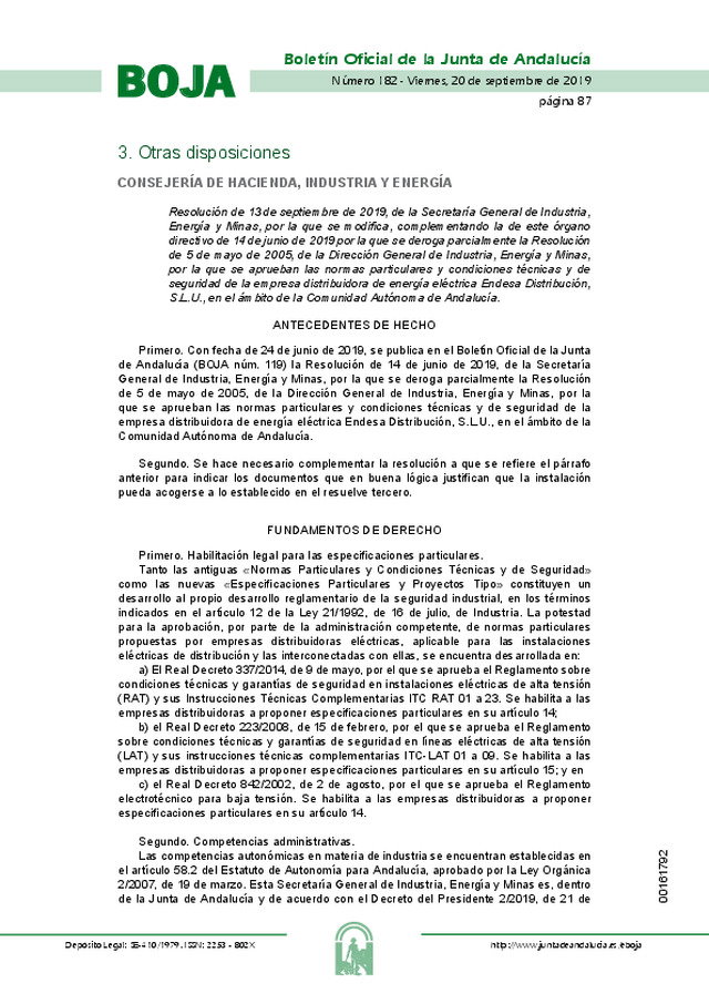 Resolución de 13 de septiembre de 2019, de la Secretaría General de Industria, Energía y Minas Junta de Andalucía