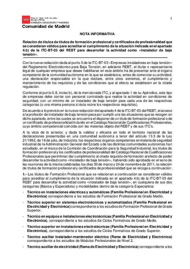 Relación de títulos de títulos de formación profesional y certificados de profesionalidad que se consideran válidos para acreditar el cumplimiento de la situación indicada en el apartado 4.b) de la ITC-BT-03 del REBT para desarrollar la actividad como «in