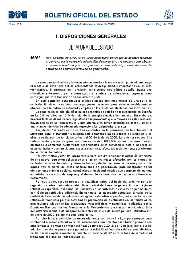 Real Decreto-ley 17/2019, de 22 de noviembre