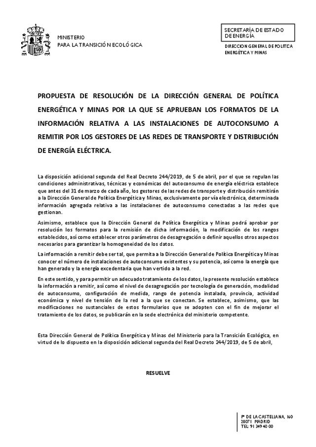 Resolución nacional sobre condiciones administrativas, técnicas y económicas del autoconsumo de energía eléctrica