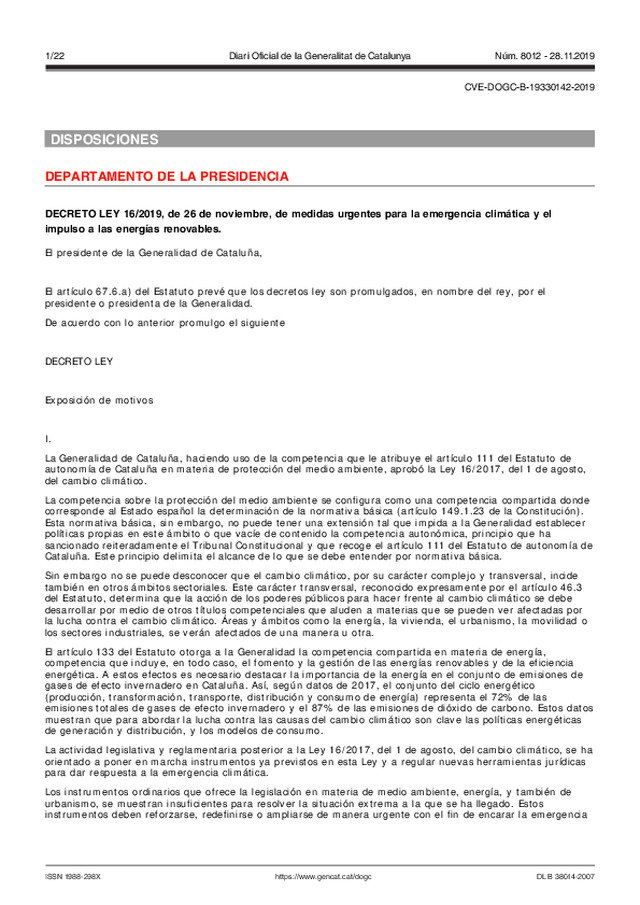 DECRETO LEY 16/2019, de 26 de noviembre, de medidas urgentes para la emergencia climática y el impulso a las energías renovables