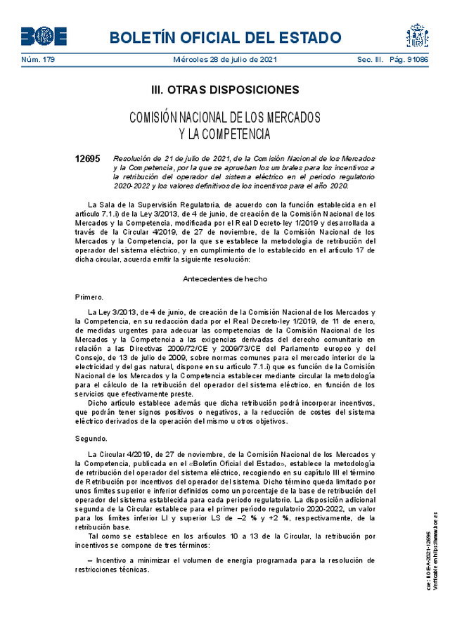 BOE: Umbrales para los incentivos a la retribución del operador del sistema eléctrico en el periodo regulatorio 2020-2022 y los valores definitivos de los incentivos para el año 2020.
