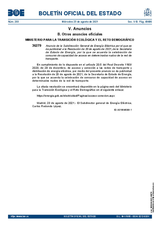 BOE: Anuncio de la Subdirección General de Energía Eléctrica por la que se acuerda la celebración de concurso de capacidad de acceso en determinados nudos de la red de transporte.