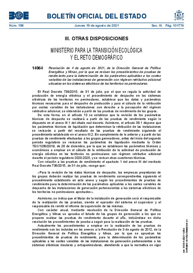 Procedimientos de pruebas de rendimiento para la determinación de los parámetros aplicables a los costes variables de las instalaciones de generación con régimen retributivo adicional ubicadas en los sistemas eléctricos de los territorios no peninsulares